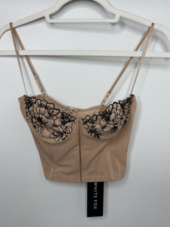 Tops - White Fox Nude Black Floral Lace Corset Bustier Crop Top S